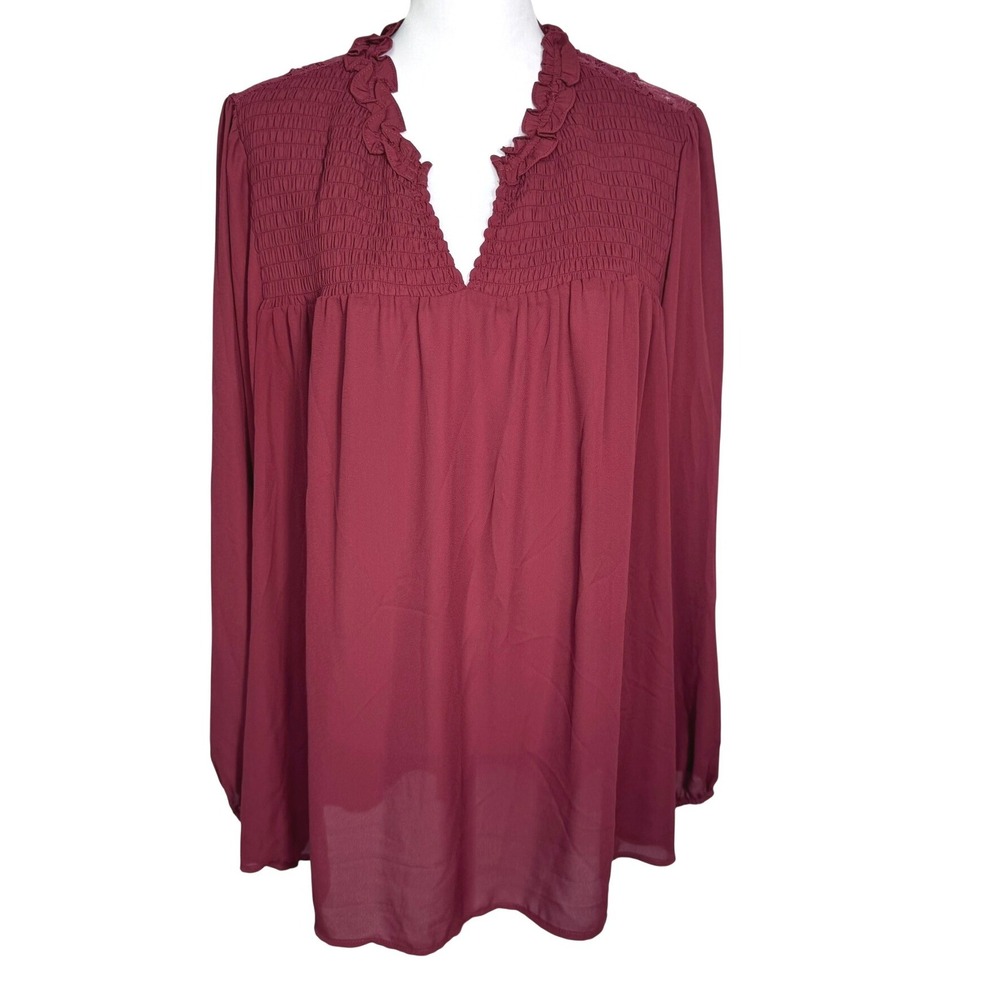 TORRID Women's 3x Burgundy Smocked Lace‎ Back Chiffon V-Neck Blouse Tunic Top
